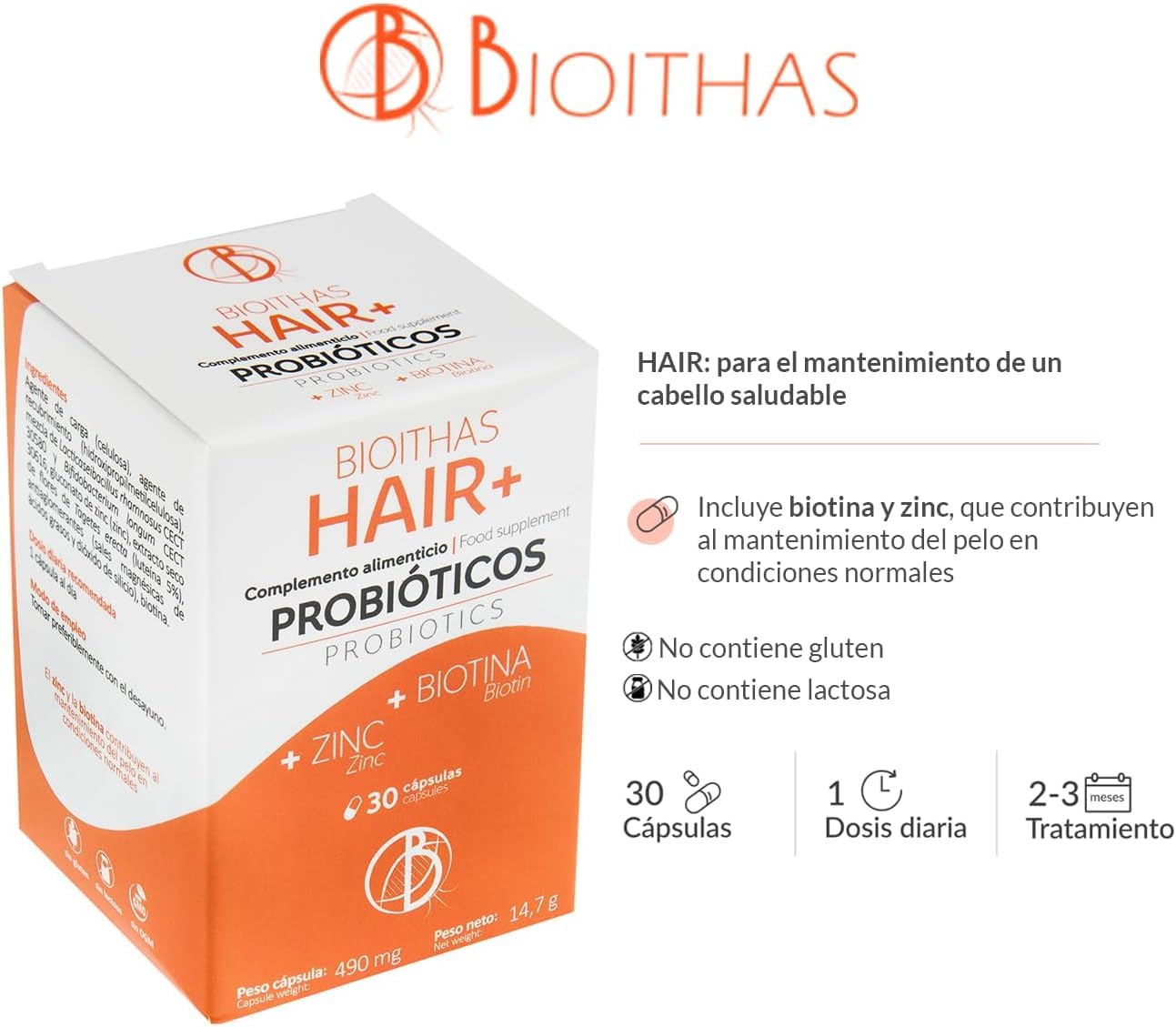 HAIR - Probiótico para la caída del Cabello [Avalado Clínicamente] con Zinc y Biotina para el Mantenimiento de un CABELLO Saludable | Fortalece y Reduce la Caída | 3 Envases de 30 Cápsulas