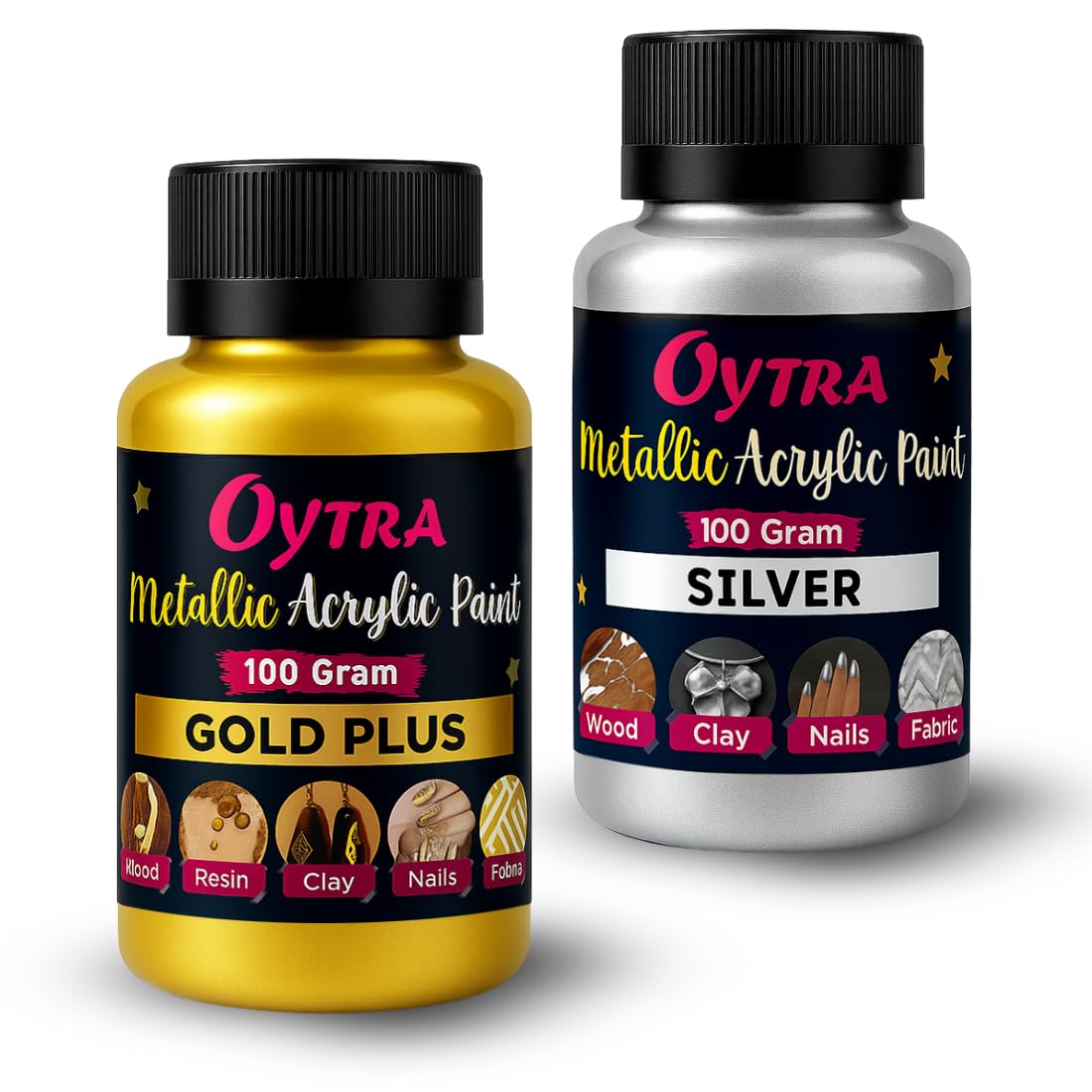 Oytra Metallic Acrylic Paint Gold and Silver Metal Color Art Set for Professionals Artist Hobby Painters Diy Art and Craft Painting Drawing on Canvas Jewellery Wall Glass Wood Steel Surfaces