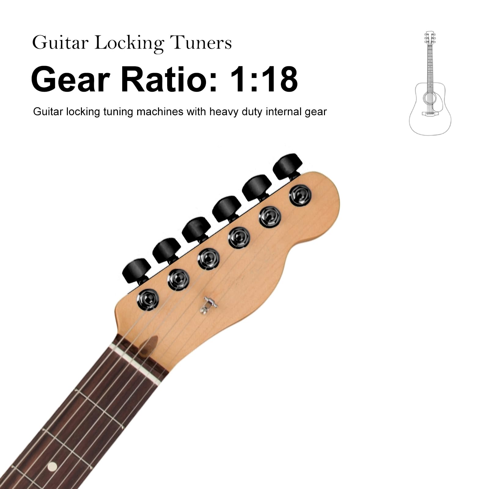 SAPHUE 6R Stimmwirbel für Gitarren, 1:18 Lock-Saiten-Stimmwirbel, Mechanikkopf mit sechseckigem Griff, Ersatz für elektrische Folk- oder Akustikgitarren (schwarz)