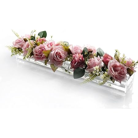 LyneeRan Rectangular Acrylic Flower Vase, Floral Centerpiece for Dining Table, Modern Vase Banquet Centerpieces Decoration, Clear Low Floral Vases for Home Decor Wedding, No Flower, 12Holes
