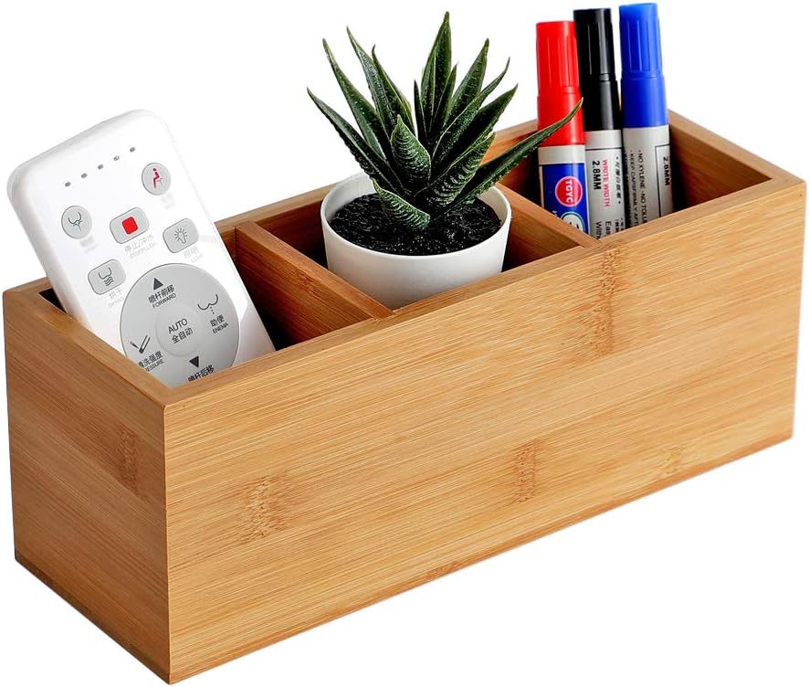 Bamboo Wood Pens Pencils Holder Cup for Desk Remote Control Holder, Caddy,Organizer,Desktop Storage with 3 Compartments,Multiuse for Store TV Remotes,Game Console,Phones,Office Supplies (3 Grid)
