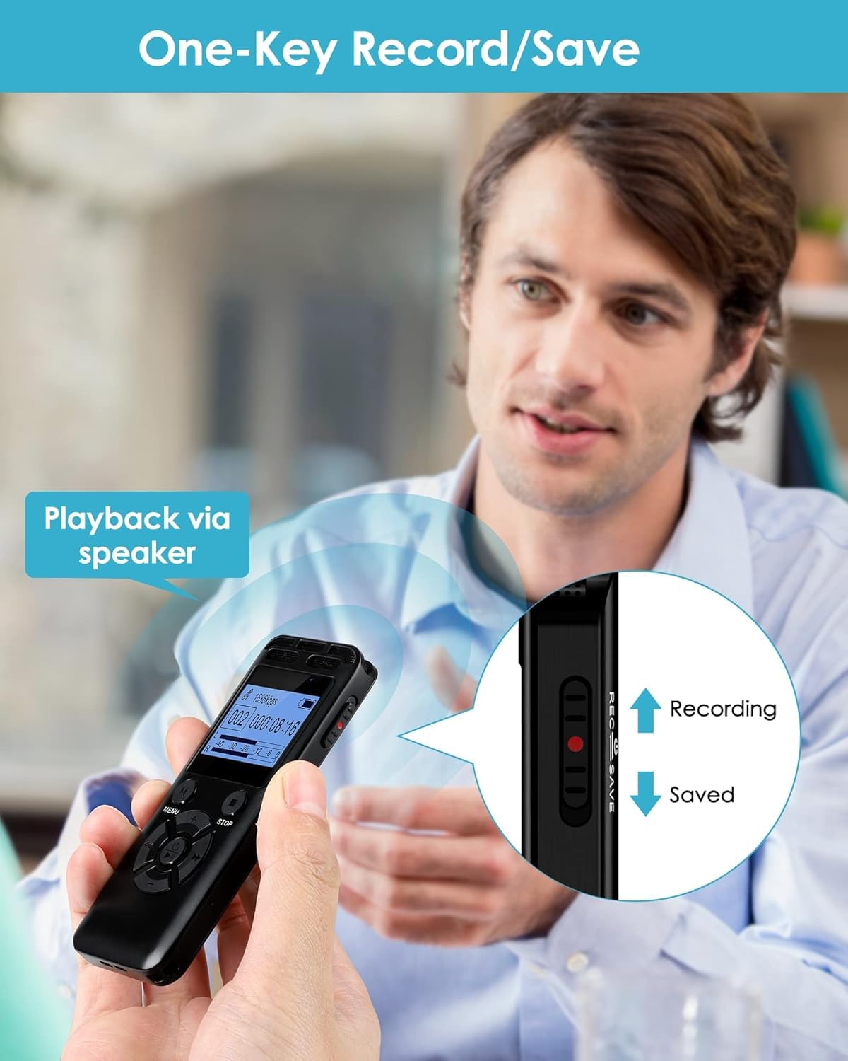 64GB Grabadora De Voz Digital con Reducción De Ruido, Estéreo HD 1536Kbps, Metálica, Activación por Voz, Reproducción Y Contraseña, Dispositivo para Entrevistas, Reuniones, Conferencias