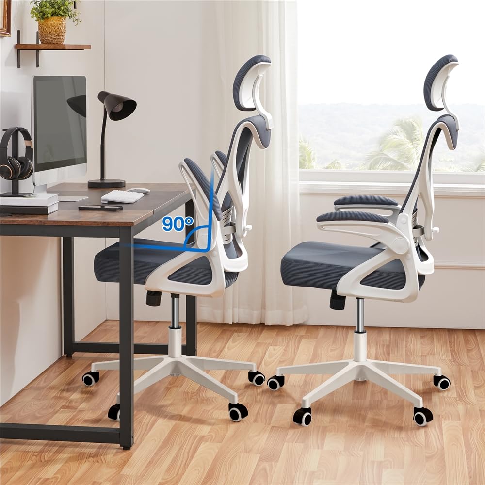 Yaheetech Silla de Oficina Ergonomica con Soporte Lumbar Blanco Gris | Reposabrazo Reposacabeza Ajustable, Base Giratoria de 70 cm, Malla Transpirable, Capacidad Max 150KG