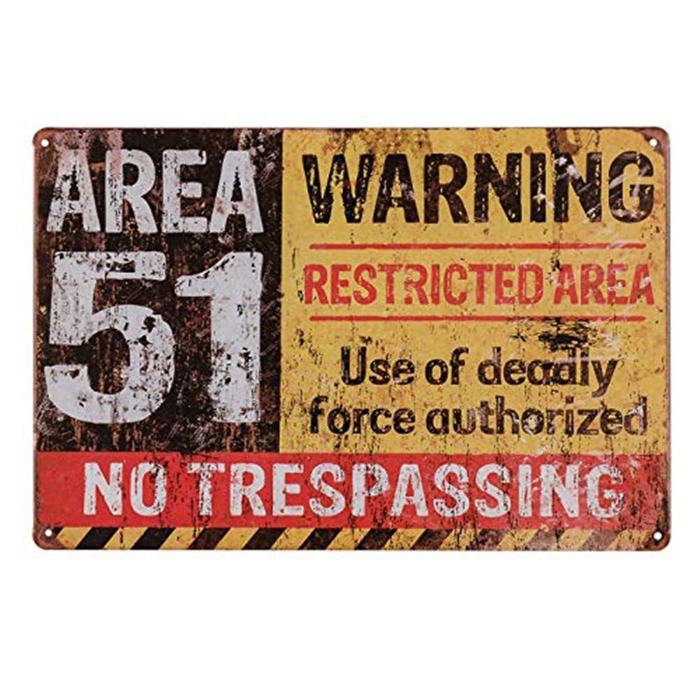 Area 51 Restricted Area No Trespassing Bold Metal Wall Art, Humorous Warning Sign, Rustic Outdoor or Man Cave Decor, Unique Gift for Sci-Fi Enthusiasts 8x12inches(Y35)