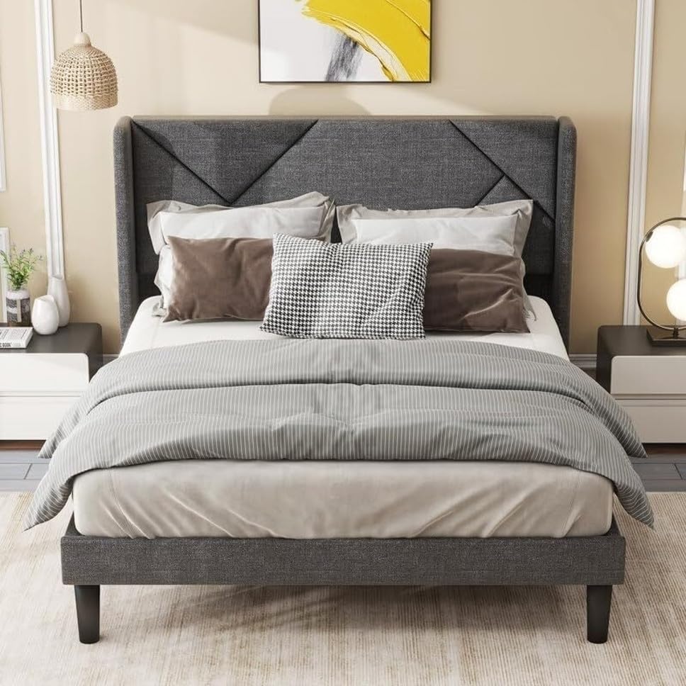 Image of Wooden Modern Upholstered King Size Bed for Bedroom | Wooden Double Bed Without Storage | Platform Cot Upholstered Bed with Upholstery Fabric | Engineered Wood | 6.5 x 6 Ft | Grey Silas
