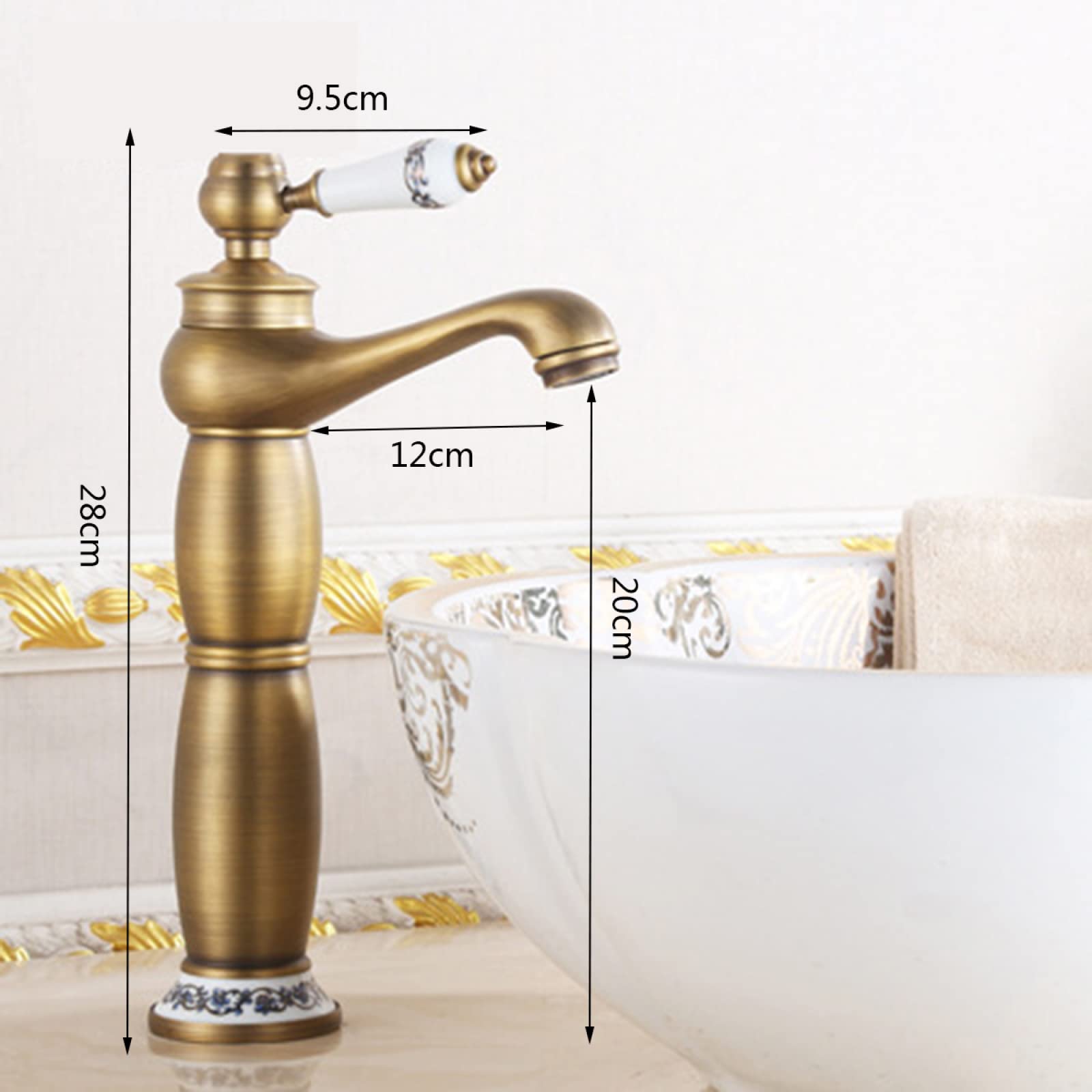 Grifo de Lavabo Vintage Dorado para baño, Grifo Monomando para Agua fría y Caliente, Grifo de tocador de latón Antiguo, Alto (Alto) LWX
