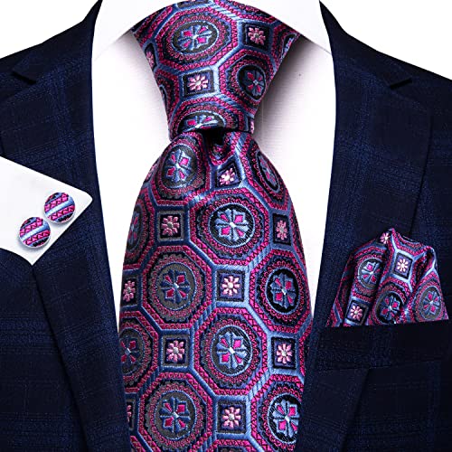 Image of Dubulle Mens Paisley Floral Silk Tie for Men Striped Necktie and Pocket Square Cufflinks Set Wedding Business