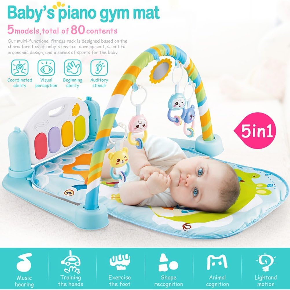 TOYIQ 5-in-1 Baby Piano Gym Mat – Infant Music Fitness Rack & Rattle Toy Set – Early Learning Play & Crawling Mat with Hanging Toys – Educational Activity Center for Babies (Multicolor, Blue) (5-in-1Piano Gym Mat) 2