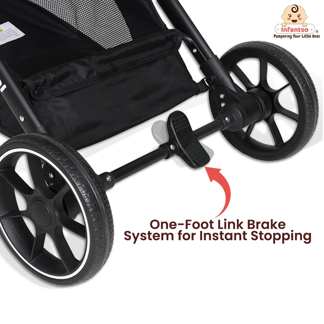 Infantso GlideX Premium Baby Stroller / Pram, Reversible Handle, One-Hand Fold and 360° Rotating Wheels,, Travel Friendly, 5 Points Safety Harness, Extendable Canopy, Multilevel Recline, Adjustable Footrest, Easy Fold, Shock Absorption Wheels, for babies 0 to 3 years ( Black ) - Image 6 thumbnail