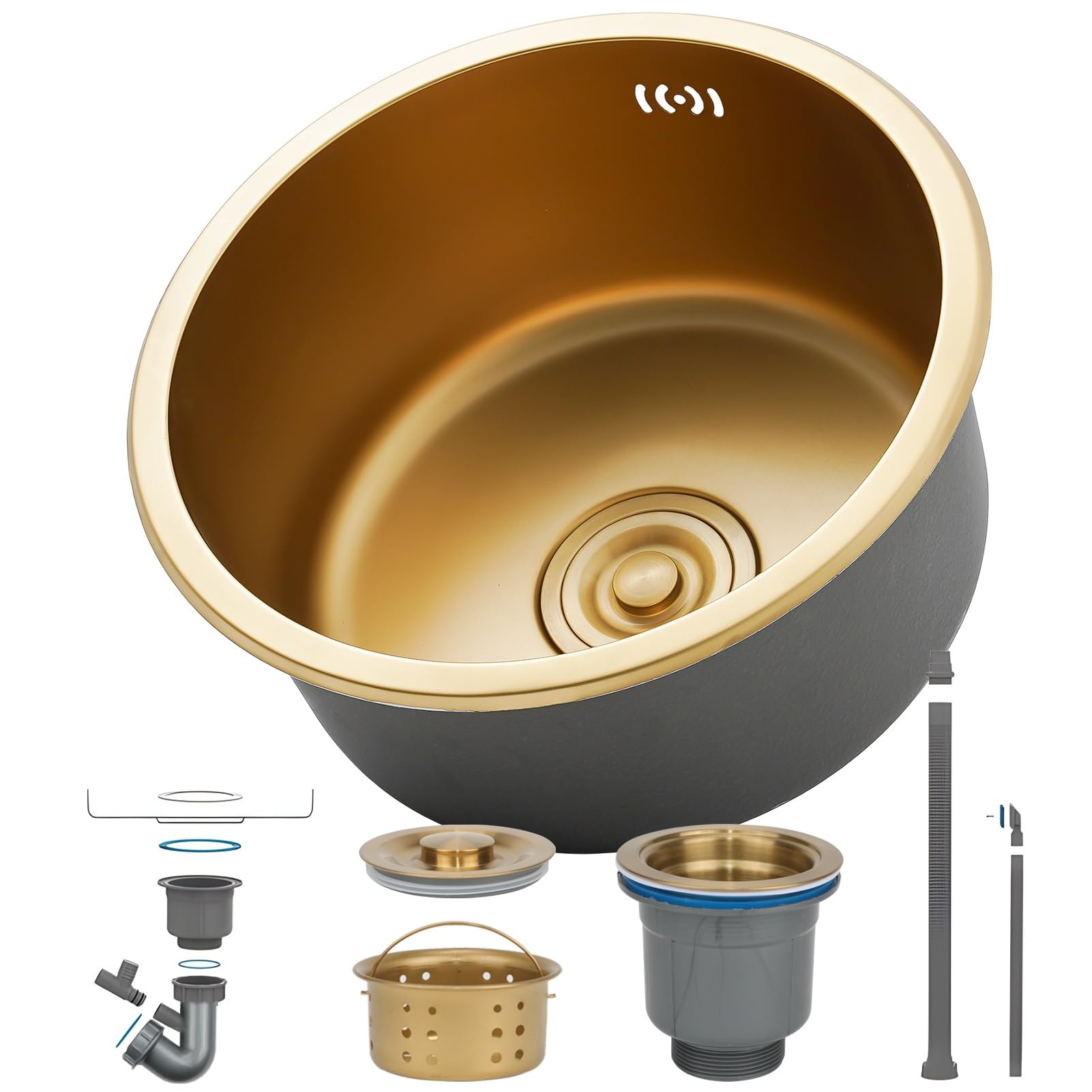 Hzksinnk Gold-#B Kitchen Sinks, Golden Single Sink, 1 Basin Round Kitchen Sink/Bathroom Faucets Made Of Stainless Steel In Gold, Nano With Drain Set, Easy To Clean, Built-In Undermount/Overmount (