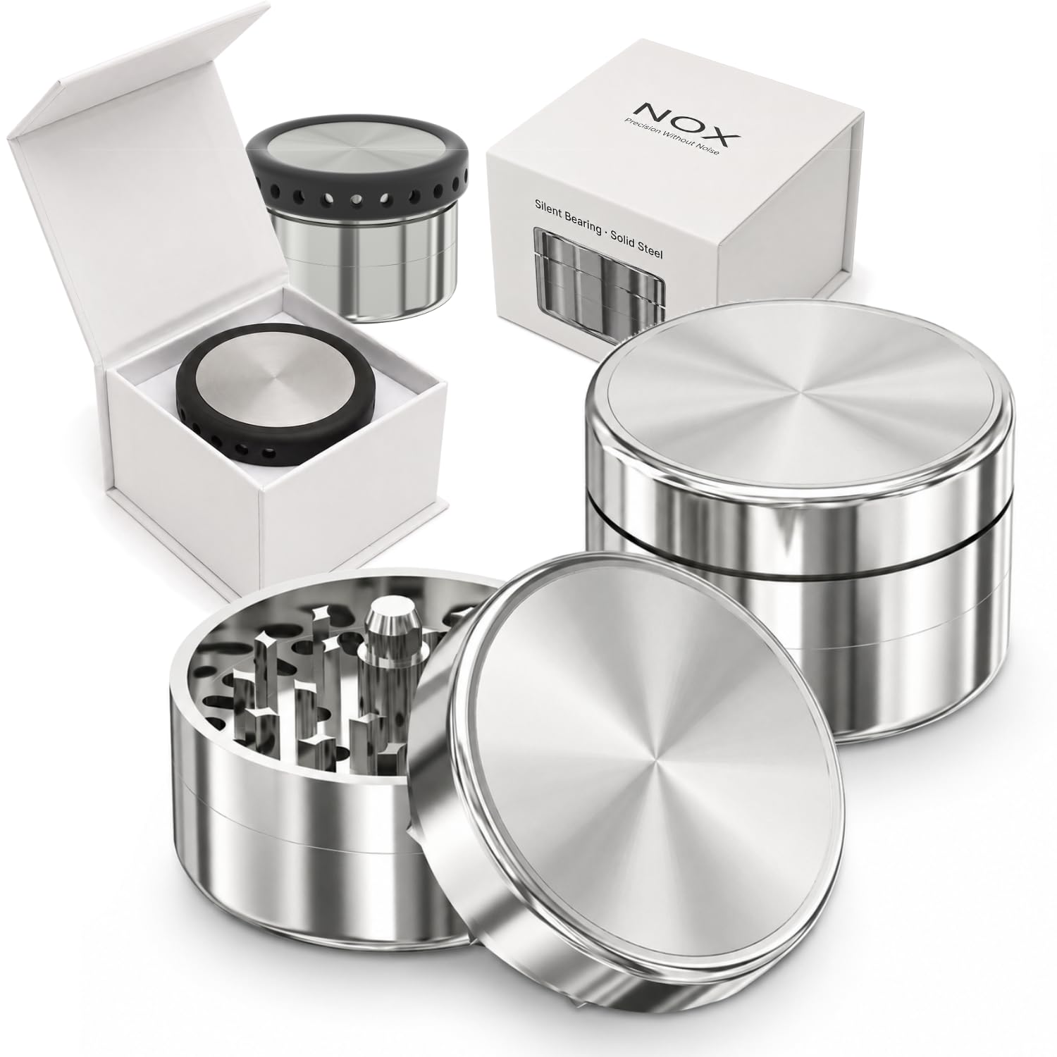 NOX Grinder aus Edelstahl, Präzisionslager 608Z, Quick Connect-System, 62 mm, 3 Teile, 490 g, Mühle für getrocknete Kräuter und Gewürze