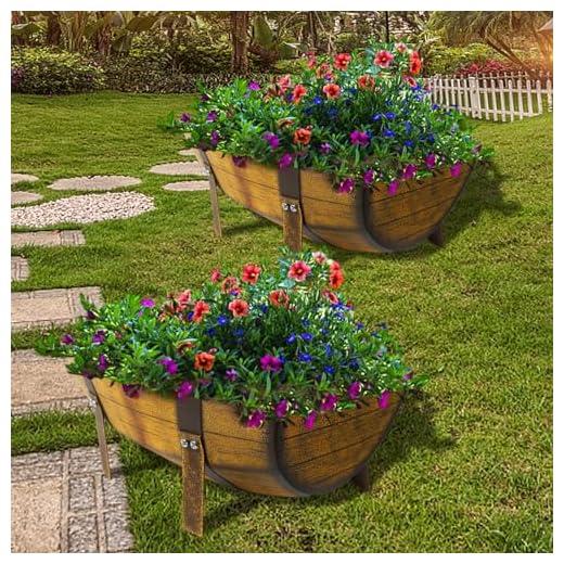 Aoutrow 15.43In 2 Pack Rustic Barrel Planters, Decorative Outdoor Garden Backyard Planter with Legs, Metal Flower Pot Half Barrel Planter Box, Brown