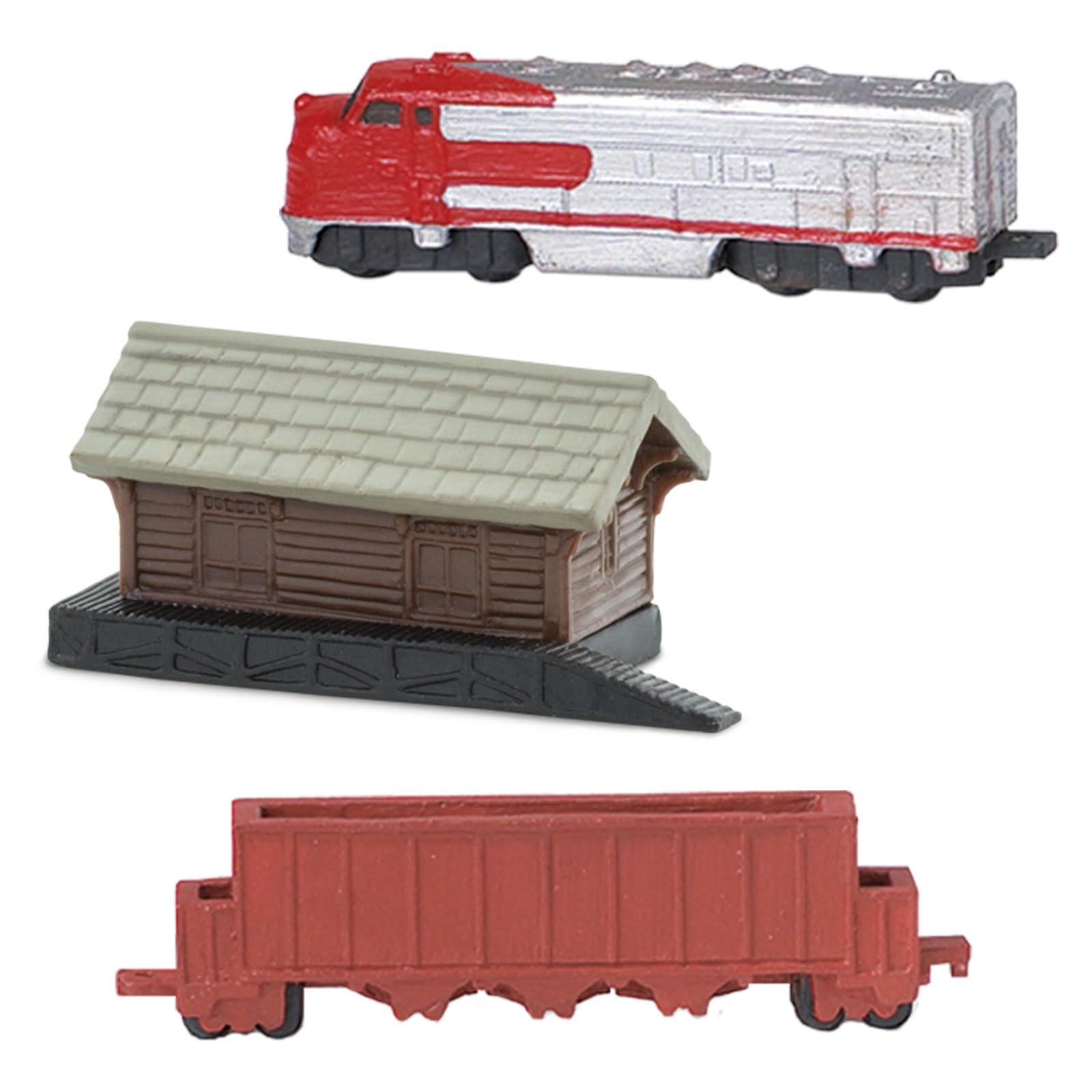 Safari Ltd Trains TOOB con 11 figuras pintadas a mano conectables, incluyendo estación de carga, vagón de carga, vagón de troncos, coche de carbón, vagón de combustible, carbón, motor de tren, 4