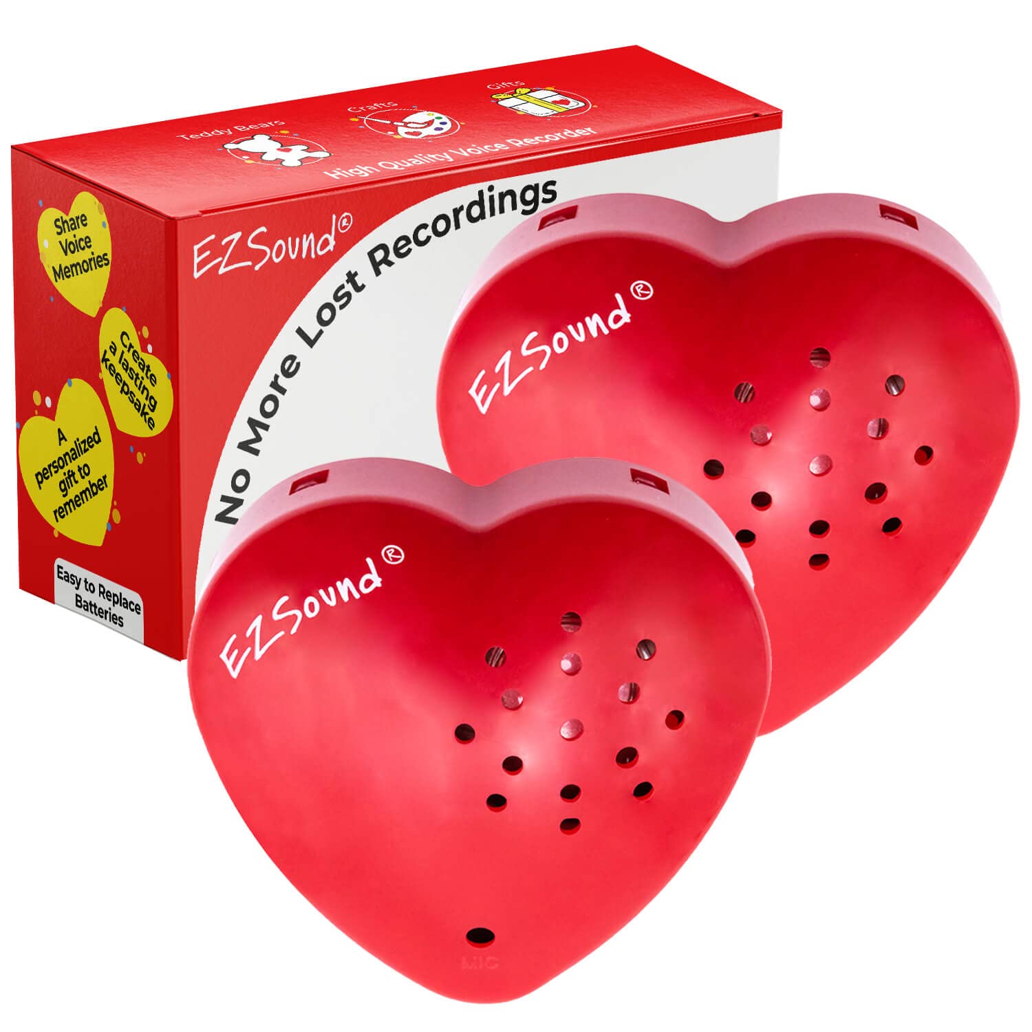 EZSound Voice Recorder for Stuffed Animal | 2 Pack - 30 sec Voice Box for Stuffed Animal | Recording Safe Recordable Heart Button | Sound Module Insert for Build a Bear, Kids, Teddy, Toy and Gifts Red