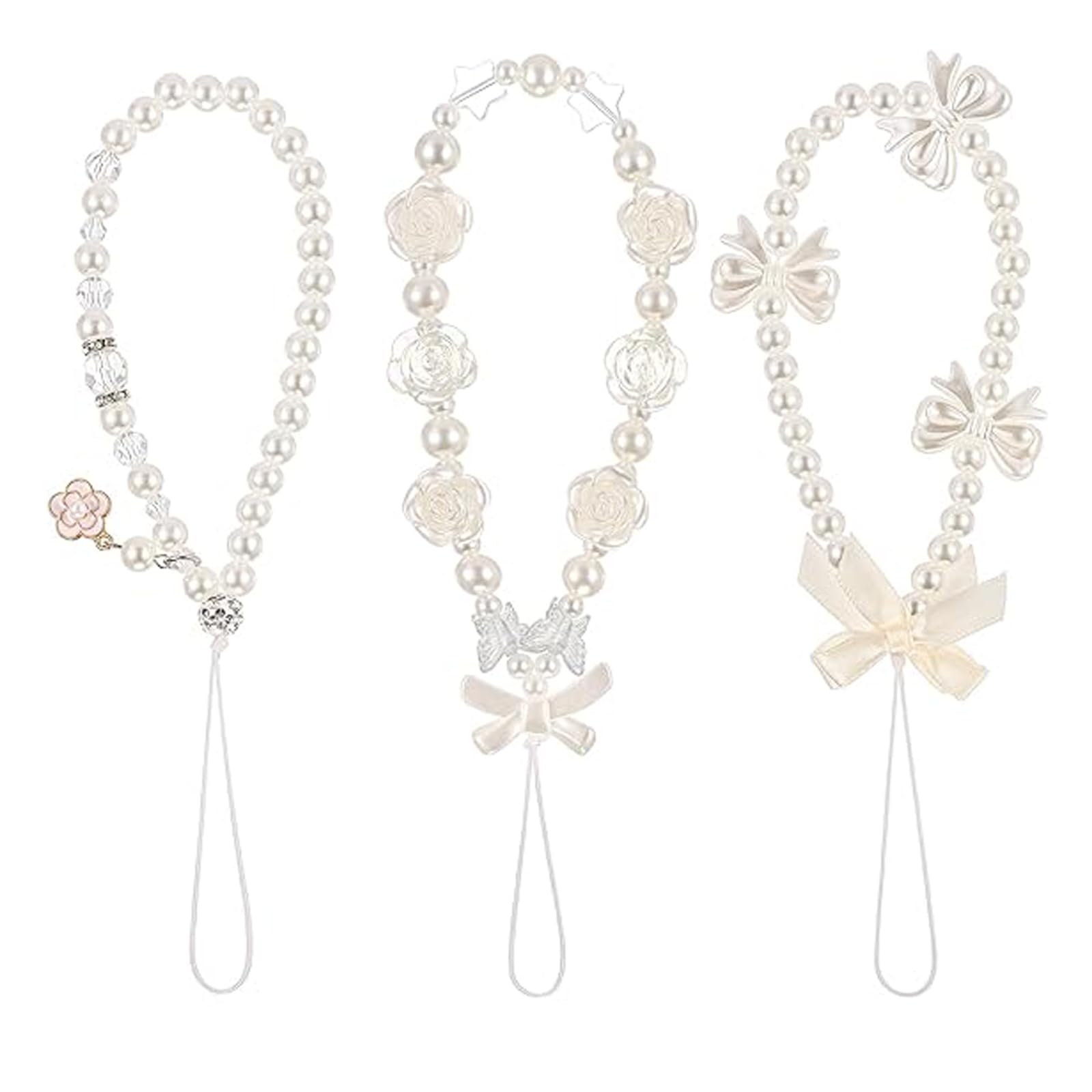 Casecond 3 Pcs Phone Charm Strap Universal Cell Phone Lanyard Hand Phone Wrist Strap Pearl Beaded Chain String Accessories for Women Girls Flower