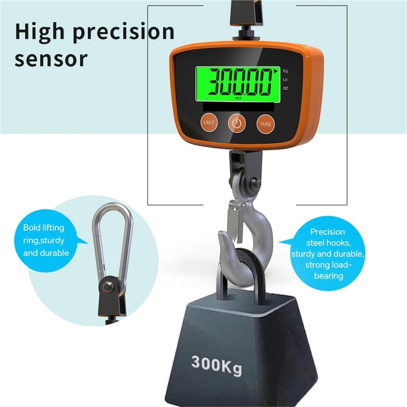 Cyfrowa waga dźwigowa o udźwigu 300 kg/500 kg, wytrzymała waga elektroniczna, Precyzyjny i wszechstronny(500kg 100g)