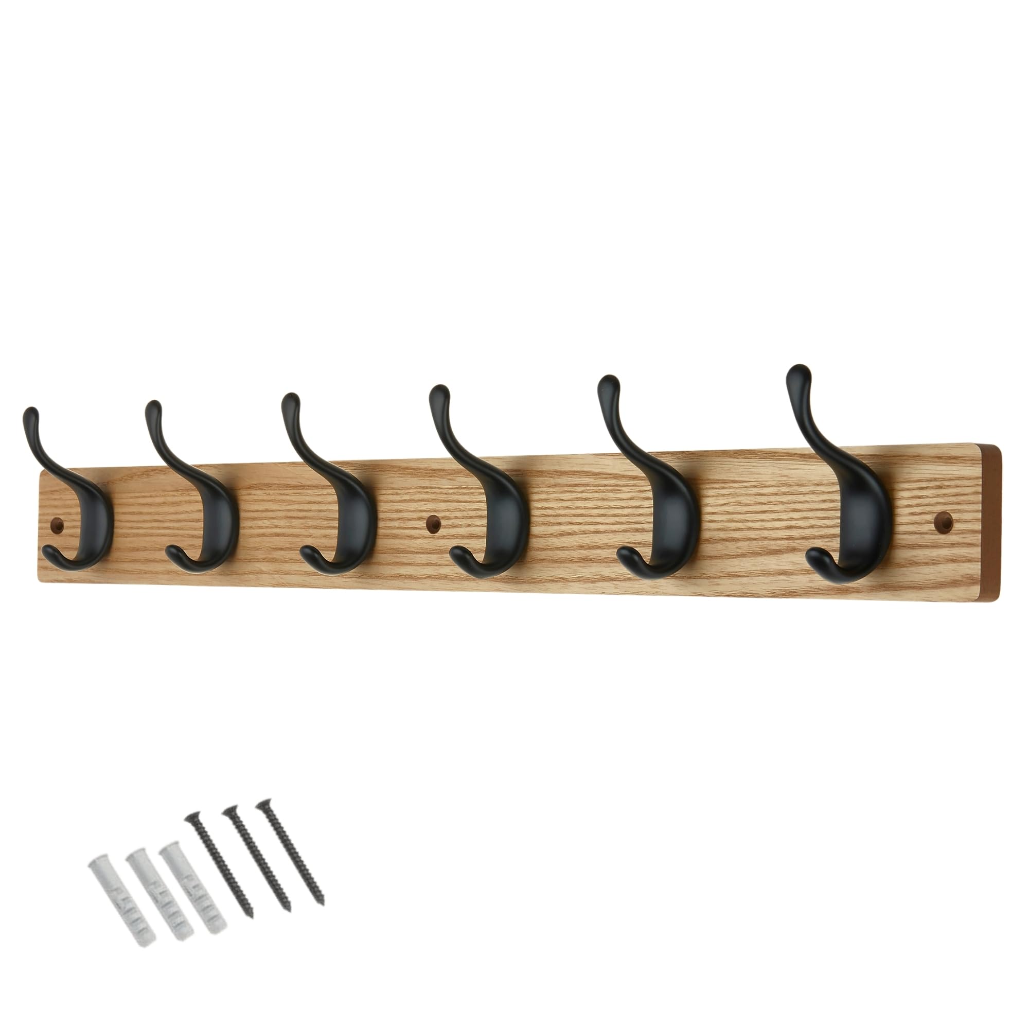 keypak 6 Matte Black Coat Hooks on Ash Effect Wooden Board - 68cm Modern Wall Mounted Coat Rack Clothes Hanger
