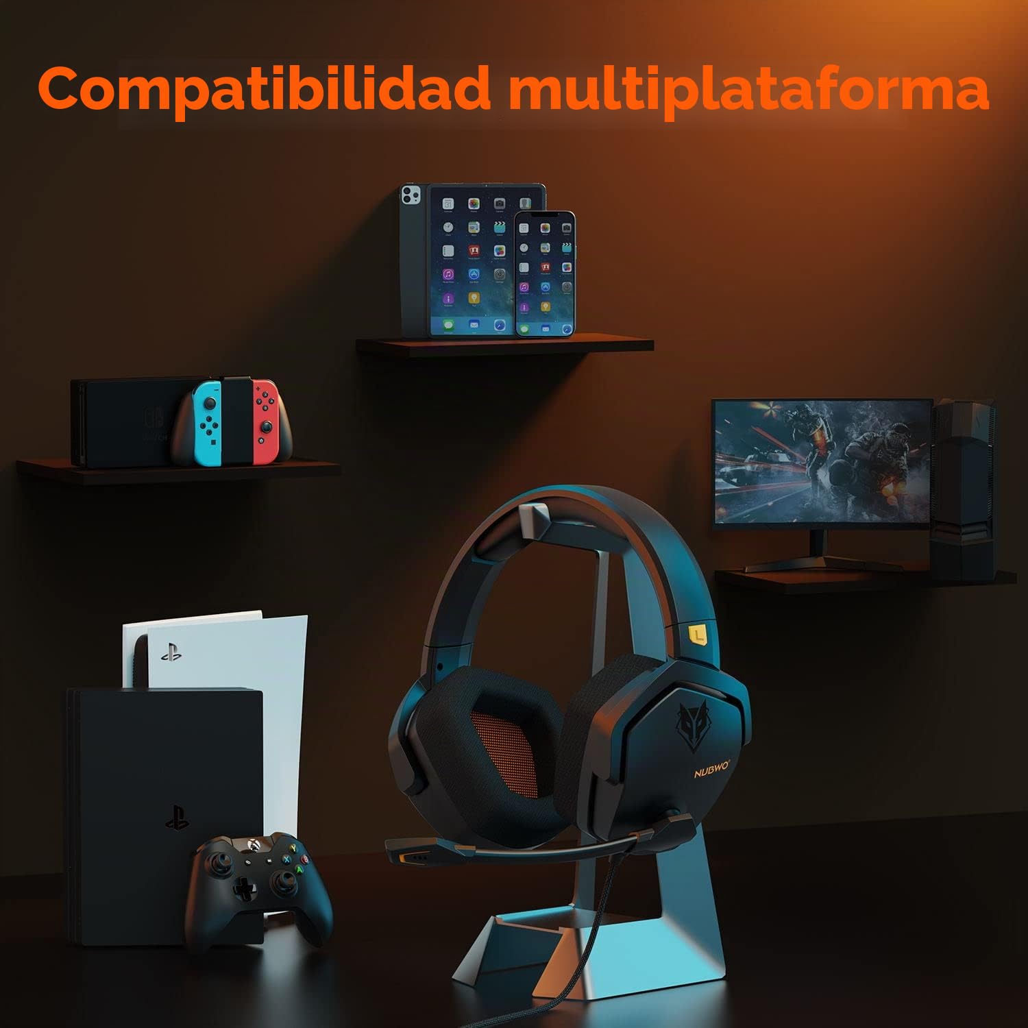NUBWO N16 Auriculares con Cable - Micrófono con Cancelación de Ruido, Sonido Estéreo y Diseño Cómodo para PS5, PS4, XboxOne, NS, PC, Computadora Portátil y Mac - Naranja