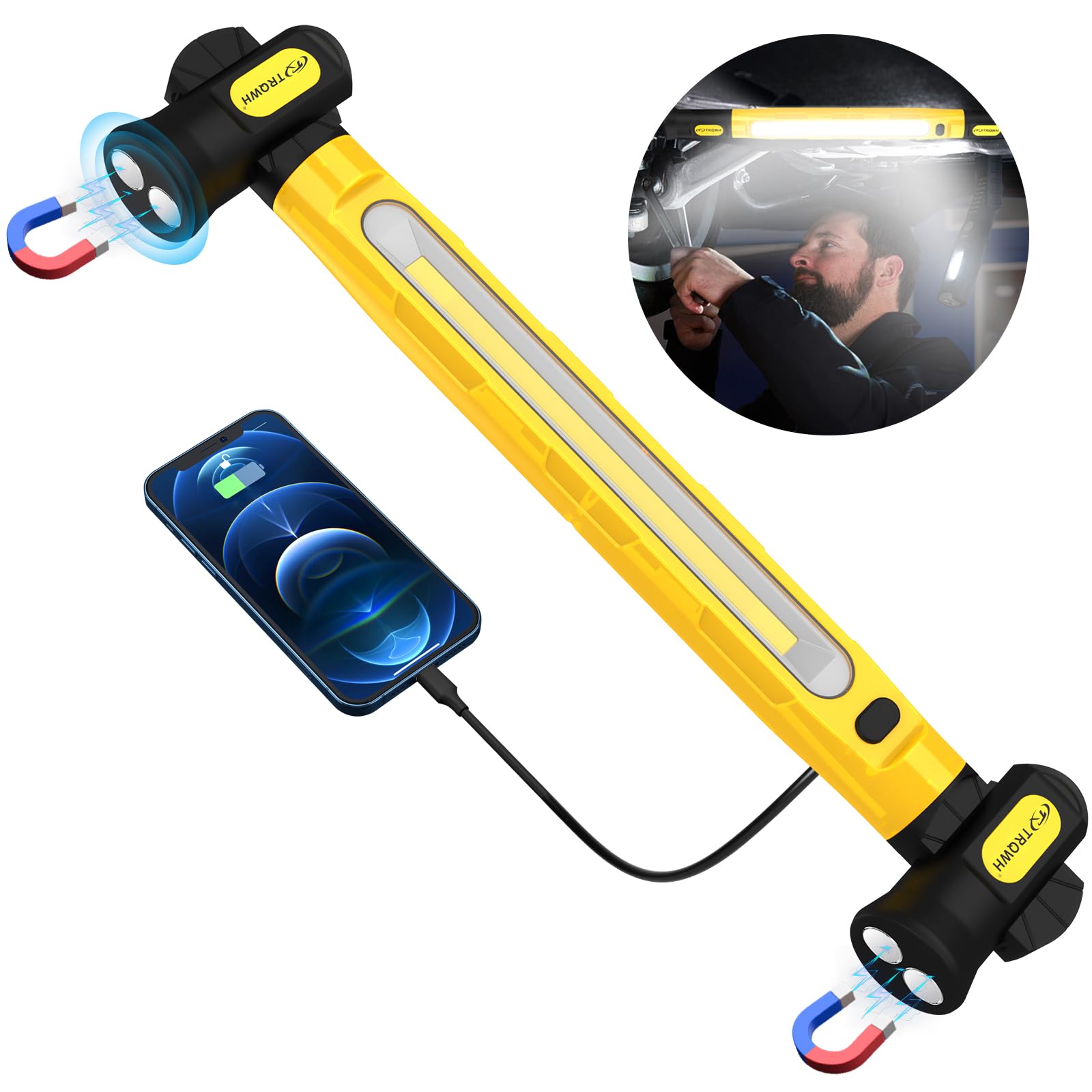 TRQWH Lampe de travail 3200LM LED, 6000mAh rechargeable, portable, magnétique, lumière d'urgence avec crochets pour réparation de voiture, garage, atelier, camping, jaune