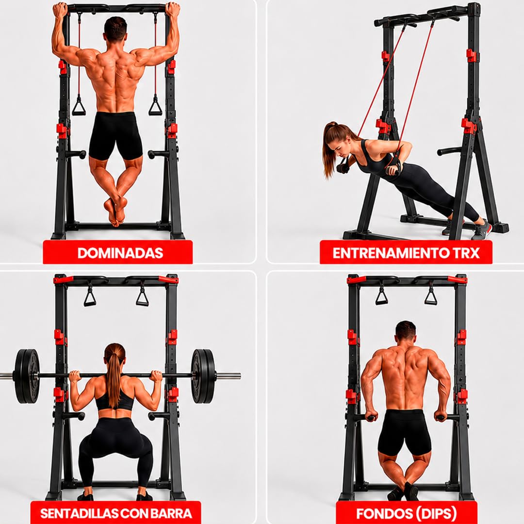 Maniboom Estación de Dominadas Plegable (200kg) - Rack Dominadas y Soporte para Barras Ajustable (175-225cm) - Pull Up Station Multifunción con Agarres para Fondos y Cuerdas TRX