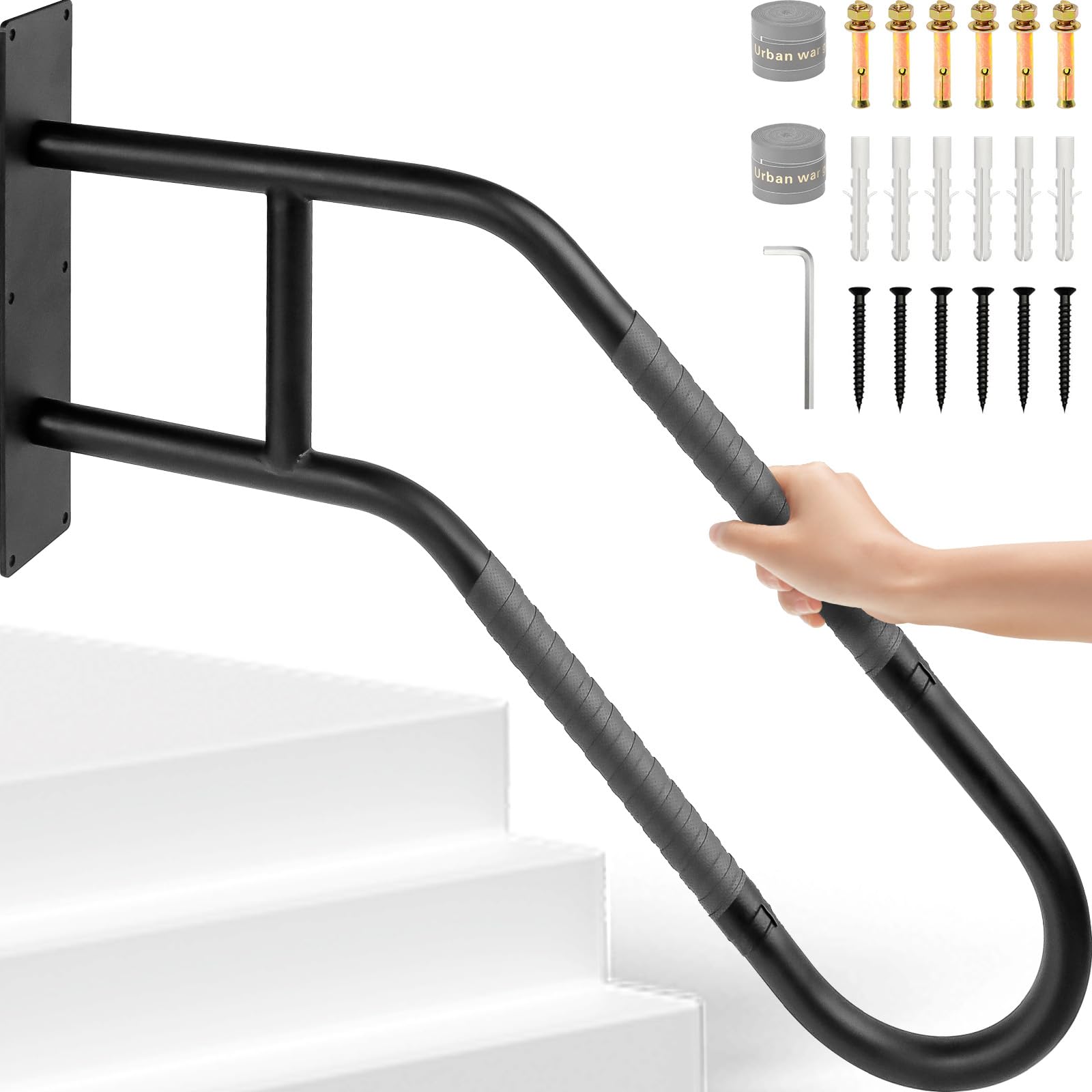 VEVOR Handrails For Outdoor Steps 2-3 Step Stair Hand Rail And Indoor Railing Kit Railings For Outside Steps With Installation Kit Hand Rails For Seniors Porch Railing And Deck Hand Rail Black