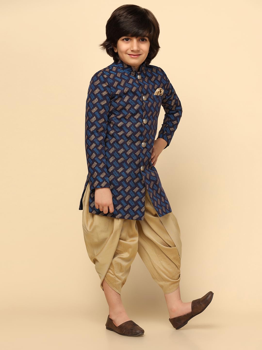 Kisah Boy's Ethnic Wear Cotton Regular Fit Blue Indo-Western Sherwani Dhoti Set (7-8Y)
