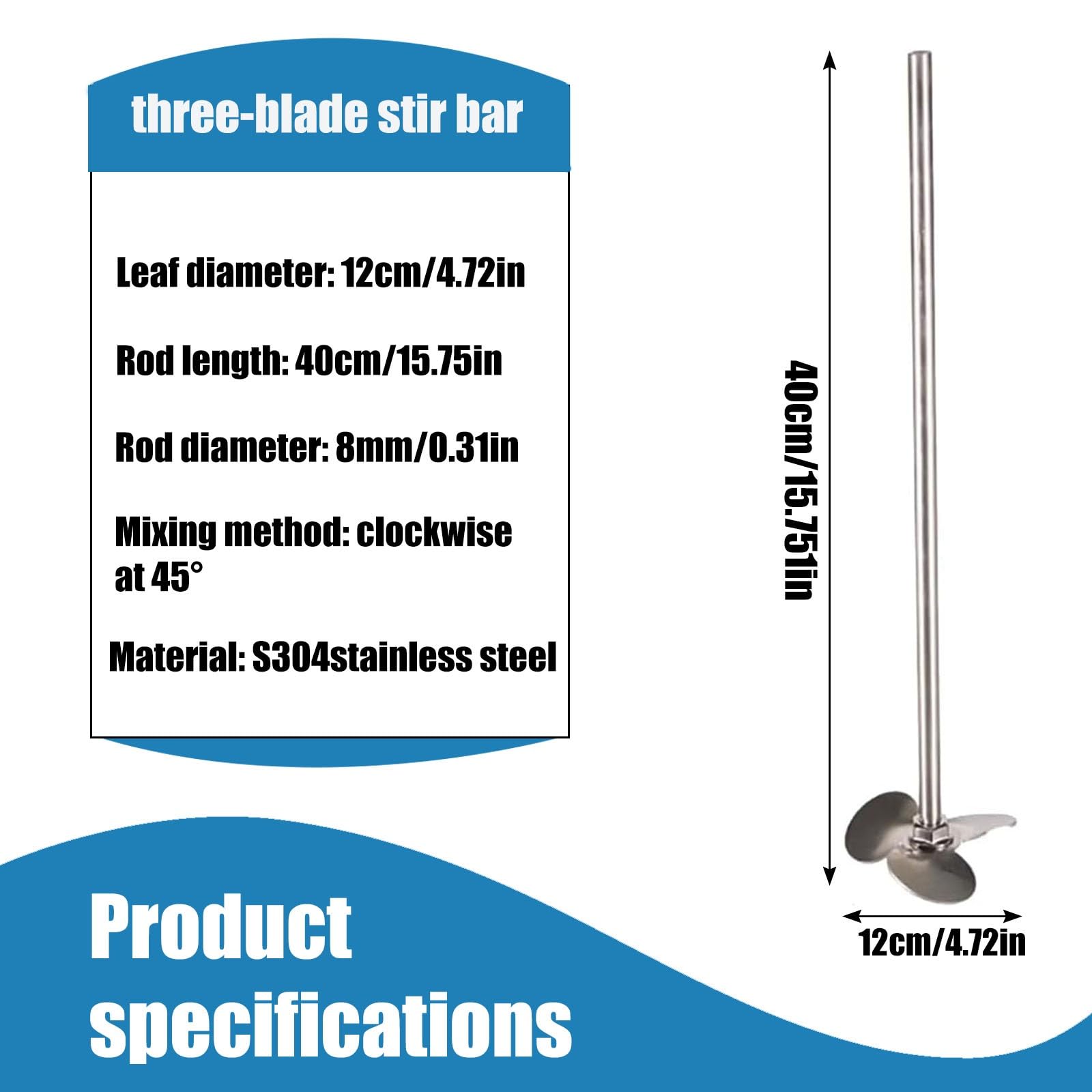 Agitador de hélice de 3 aspas de acero inoxidable 304, diámetro del agitador de 40 a 120 mm - 1,57 a 4,72 pulgadas, varillas de agitación mecánicas de laboratorio, 1 pieza(120x400mm/4.72x15.75in)
