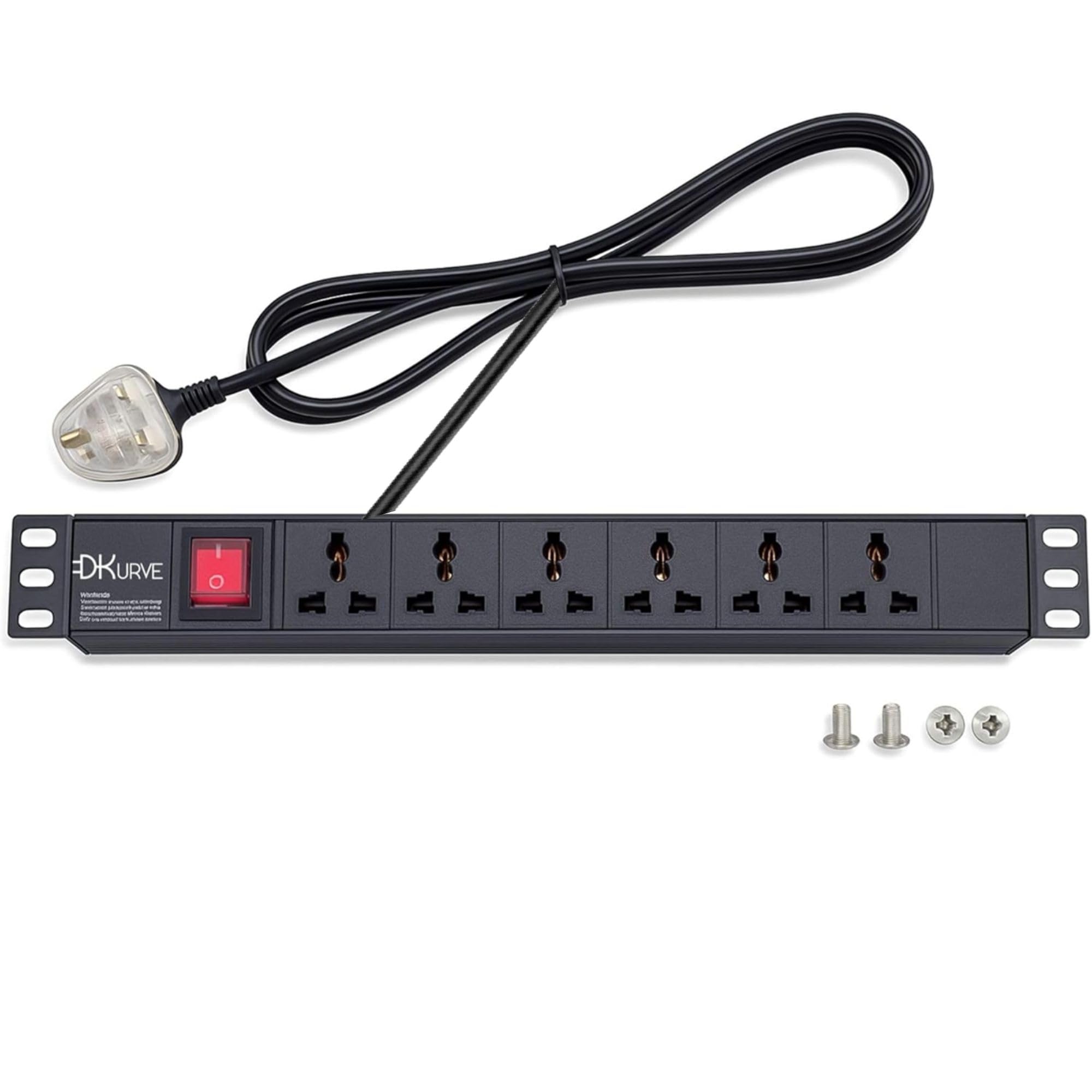 6-Way Rackmount PDU – Horizontal Universal Socket Power Distribution Unit with UK Type Plug | 19-Inch Server Rack (MULTI PLUG)