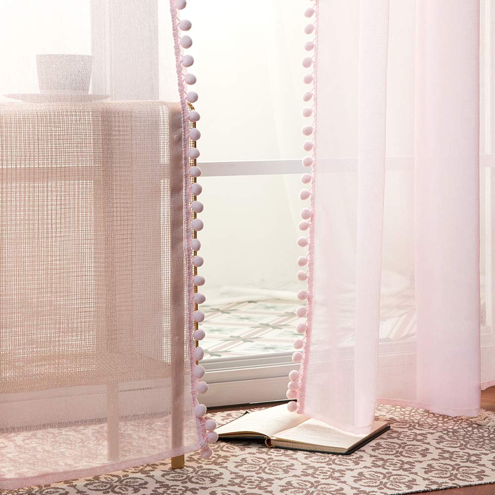 MIULEE Cortinas con Pompones-Transparente Cortinas Salon Rosa Bebé con Detalle 2 Piezas (2X140 x 260cm), Cortinas Dormitorio para Juvenil Niñas Habitacion, Visillos Translucidas Salon con Ollaos