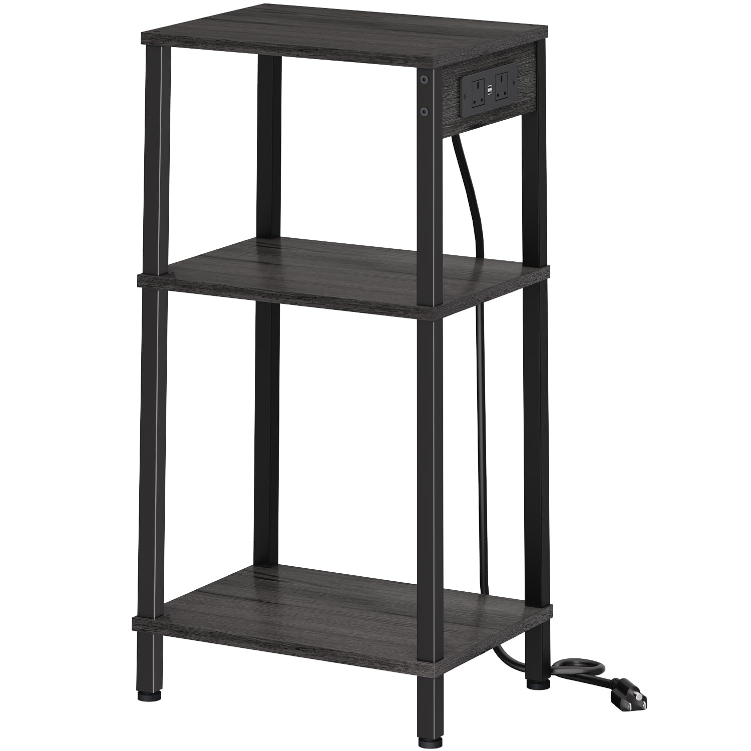 Asgolion Side Table with Charging Station, 3 Tier Tall Slim Side Table with USB Ports and Outlets, Narrow Tall Nightstand with Storage for Bedroom, Living Room, Office, Carbon Gray
