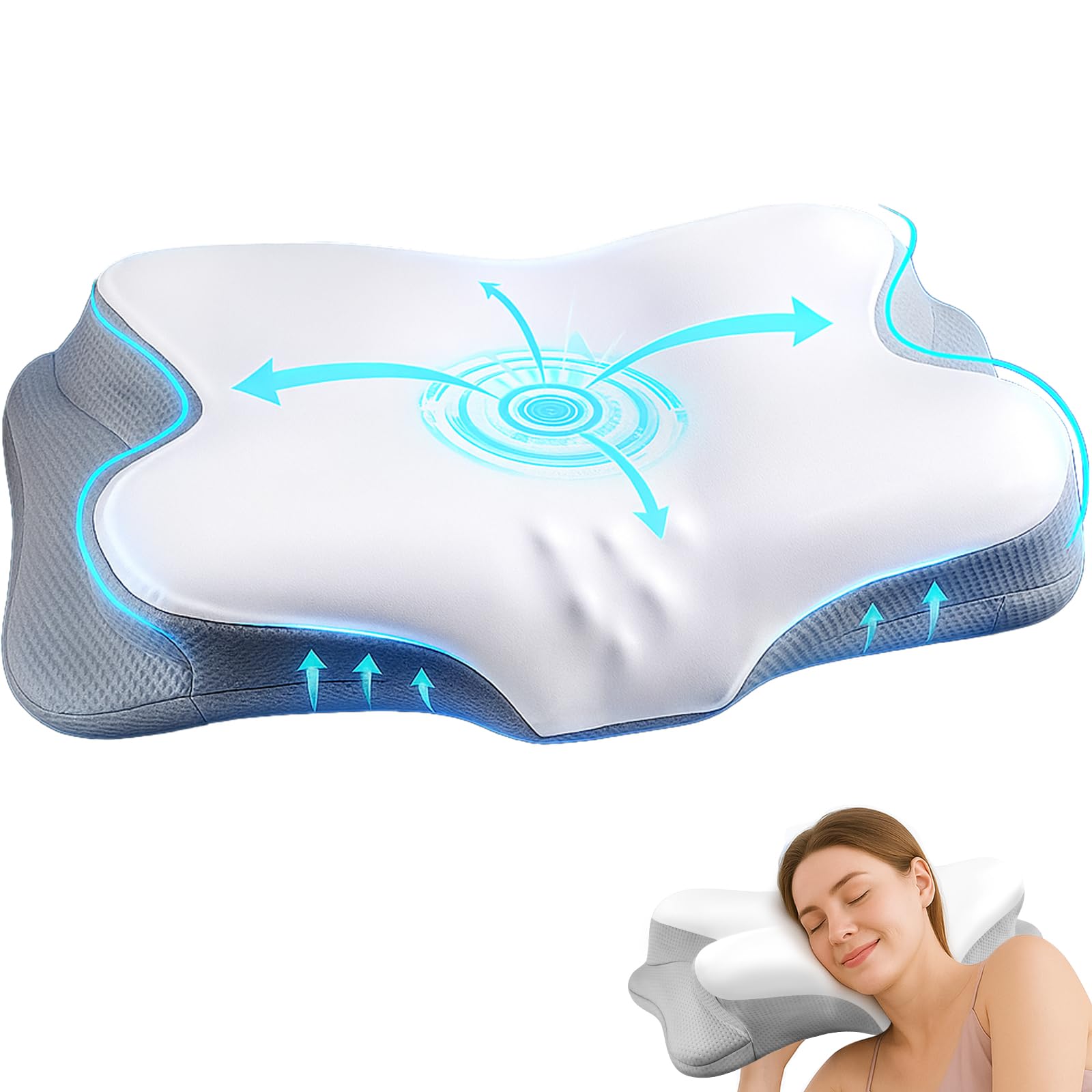 Cervical Neck Pillow for Pain Relief - Ergonomic Cooling Support Contour Design for Side Back Sleepers Grey