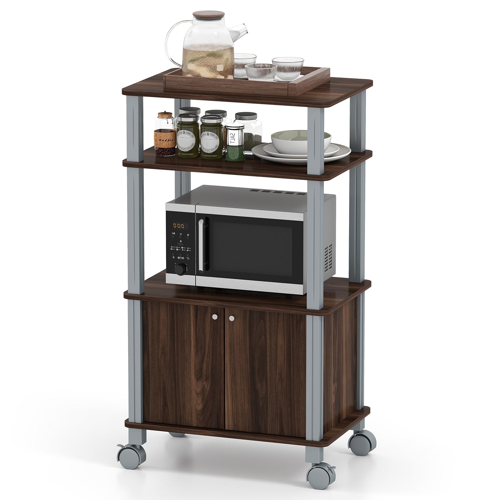 KOMFOTTEU Carro 3 Niveles para Microondas, Estante de Cocina con Ruedas y Armario con Puerta, Carrito Auxiliar de Madera, Carro de Servicio, Organizador Almacenamiento Comedor, 60x40x98cm (Marrón)