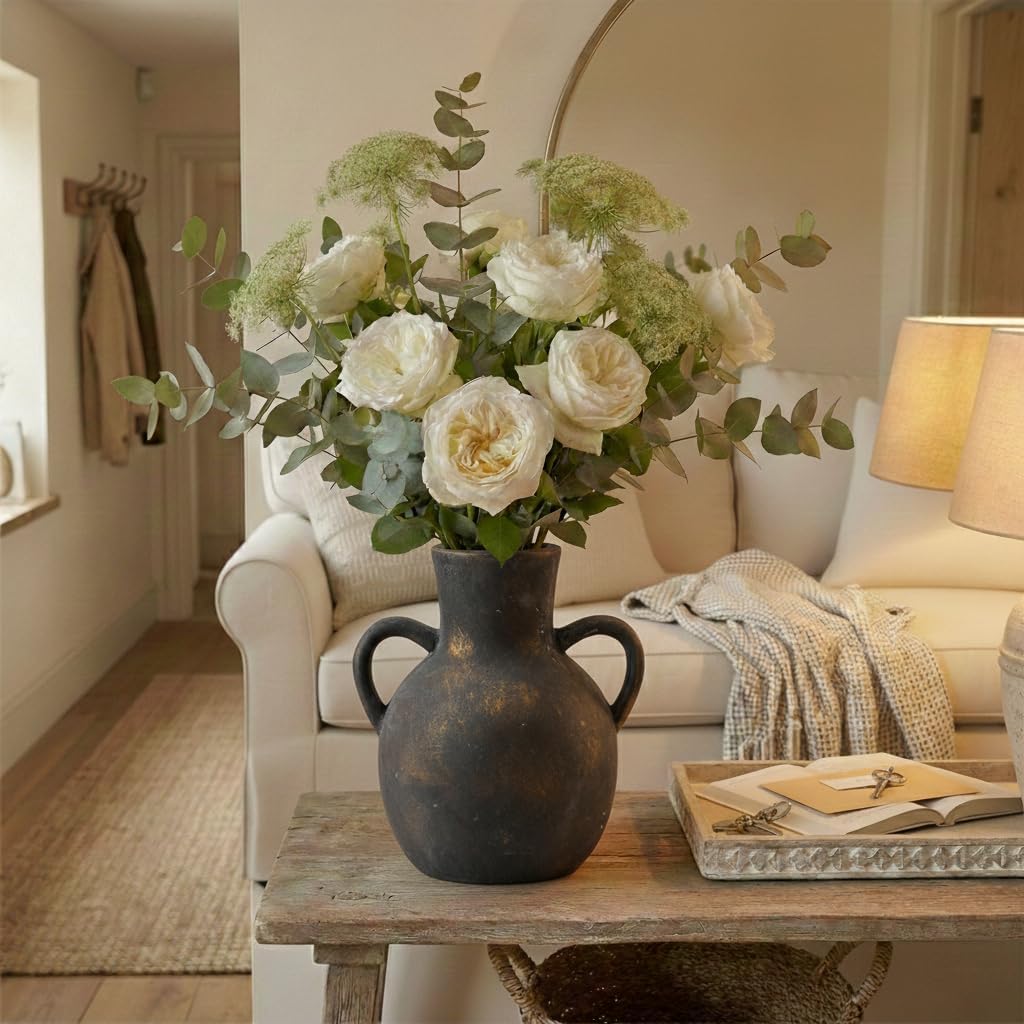 SIDUCAL Rustic Ceramic Farmhouse Flower Vase with 2 Handles, Terracotta Vase, Decorative Pottery Flower for Home Decor, Table, Wedding, Living Room, Shelf Decor, 7.3 Inch, Black Bronze - Image 7