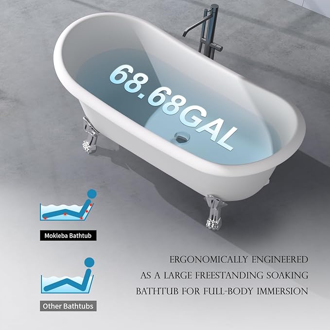 67" Acrylic Freestanding Bathtub, Free Standing Clawfoot Tub, Soaking Tub with Integrated Slotted Overflow, Toe-Tap Chrome Drain, cUPC Certified, Glossy White