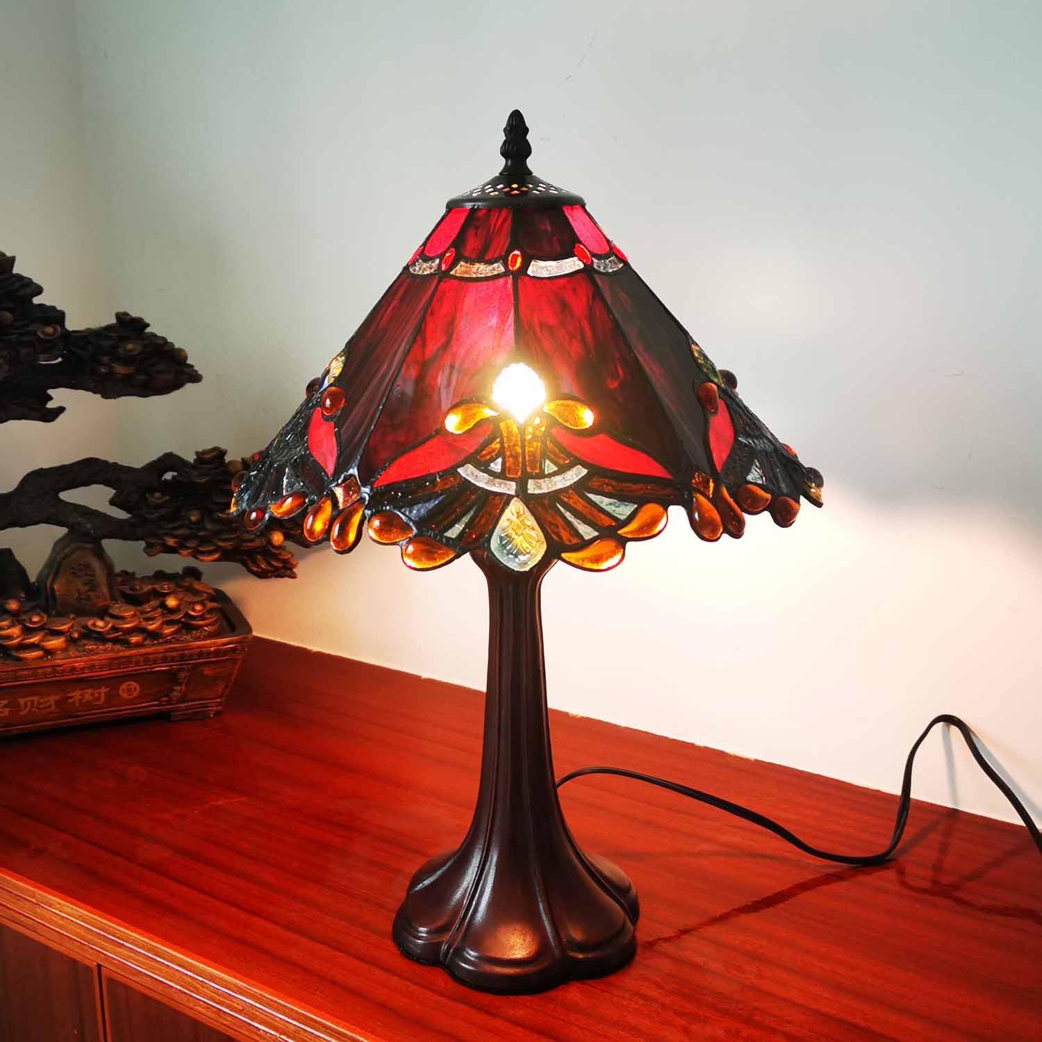 Bieye S10021 Tiffany Style Stained Glass Baroque Lampshade (13-inch Wide Red)