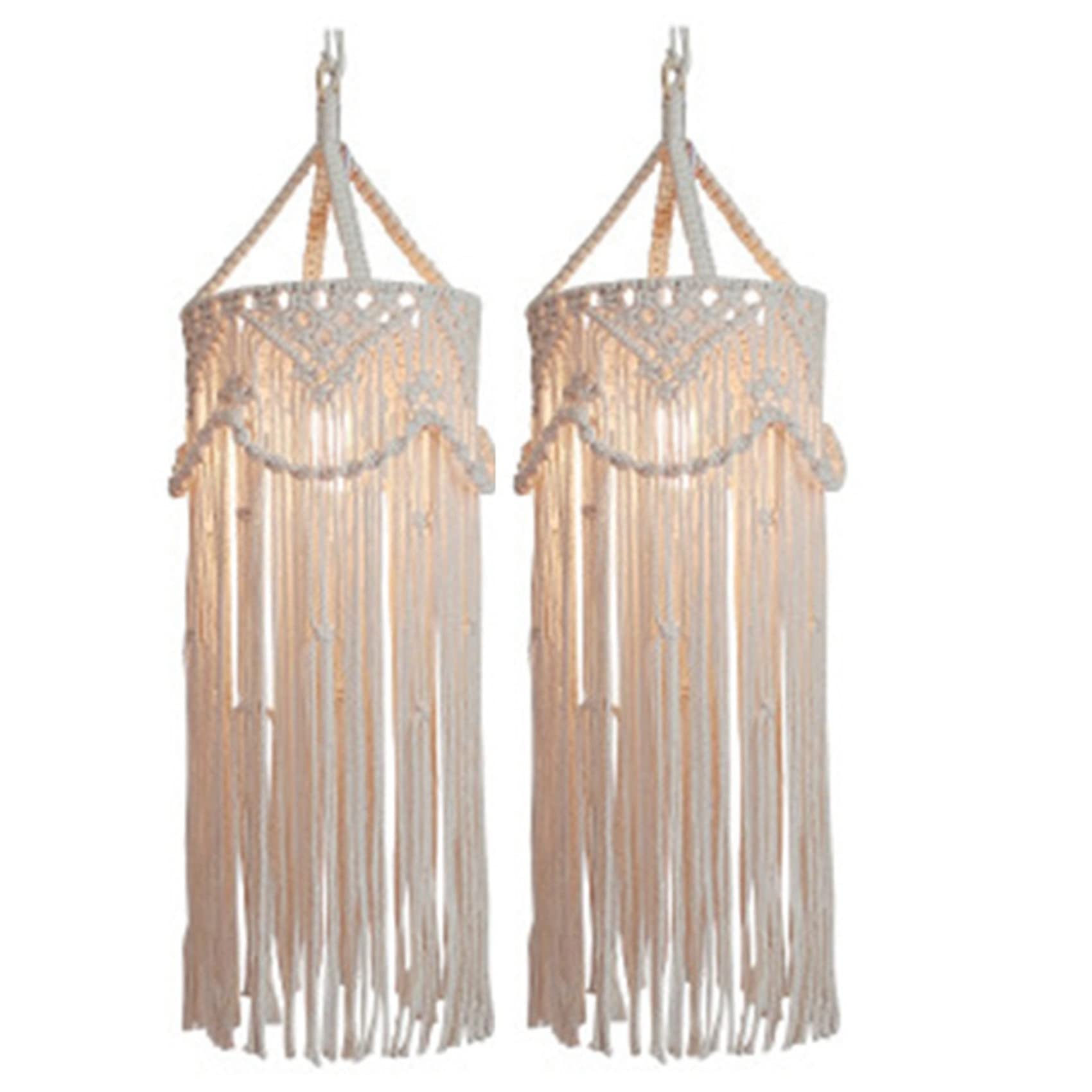 Hndhbfgrt Creamy-White 2X Chandelier Boho Decor Hand-Woven Charm Macrame Wall Hanging Bunk Home Decoration Lamp Shade Mandala