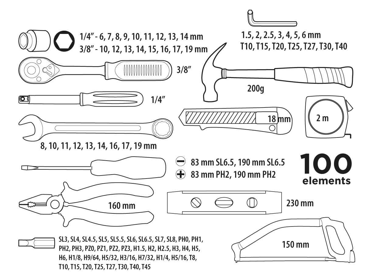 TOP TOOLS Werkzeugset 100-teilig mit Steckschlüsseln 3/8" Ratsche