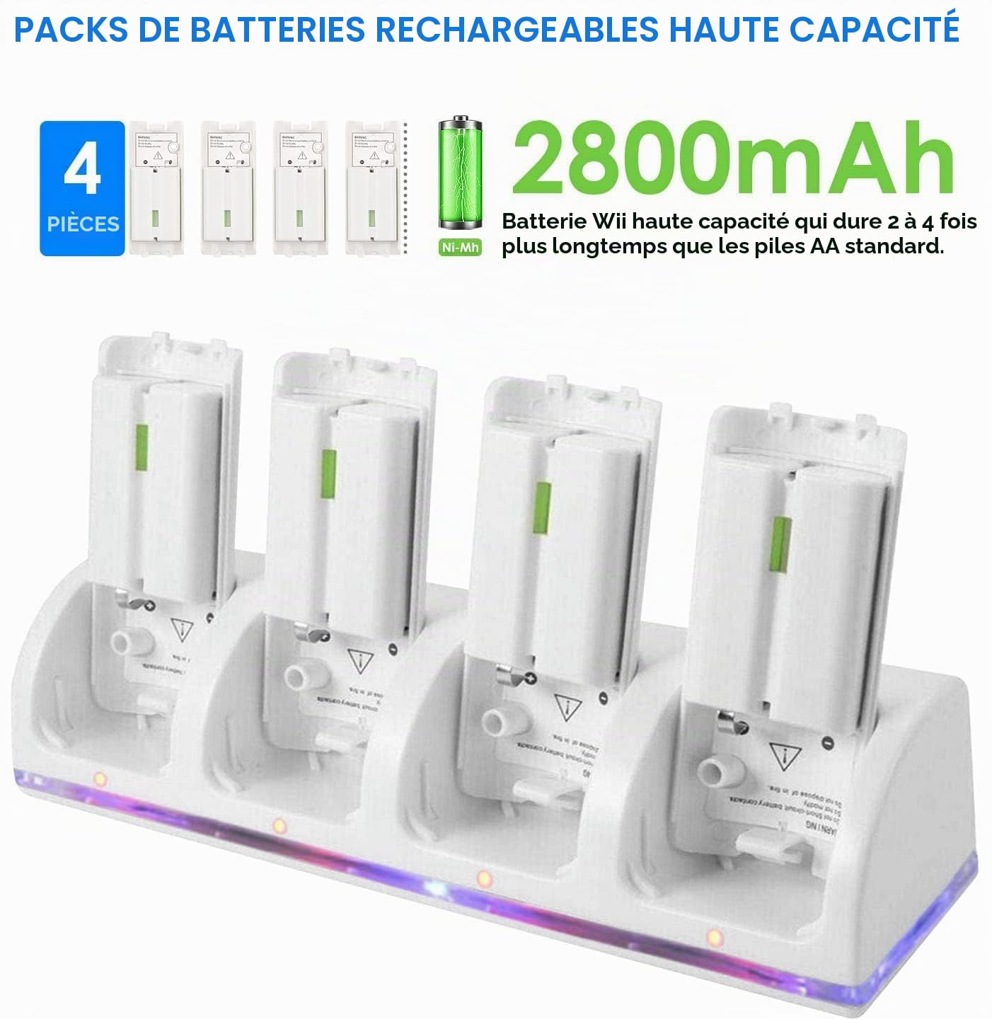 Chargeur Wii 4 Ports avec 4 Batteries Rechargeables 2800 mAh pour Wiimote | Station de charge groupée, rangement pratique des télécommandes