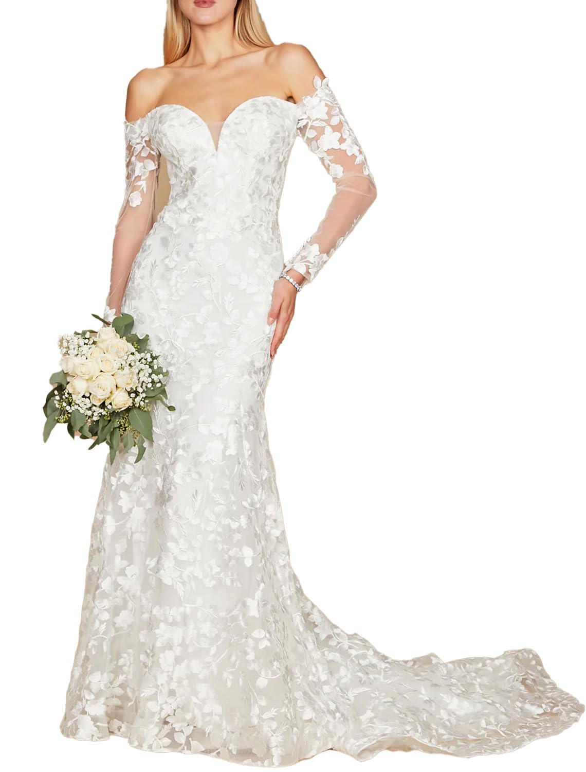 Luxury Sweetheart Lace Long Off Shoulder Mermaid Wedding Dress 2024
