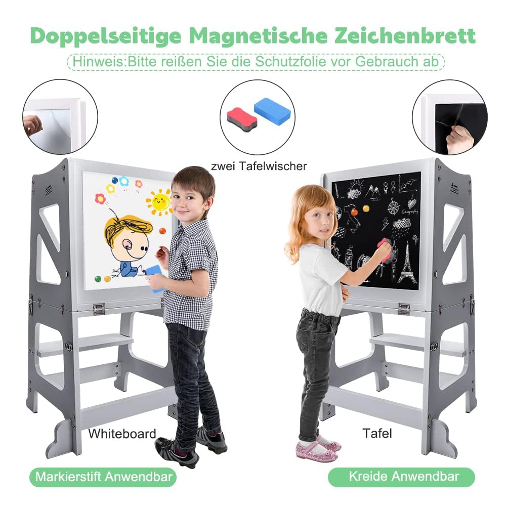 YOLEO Lernturm ab 1 Jahr, 3 in 1 Learning Tower für Kinder, Klappbare Tritthocker mit Rausfallschutz, mit doppelseitiger magnetischer Tafel, Küchen-/Badezimmerhelfer (Grau)