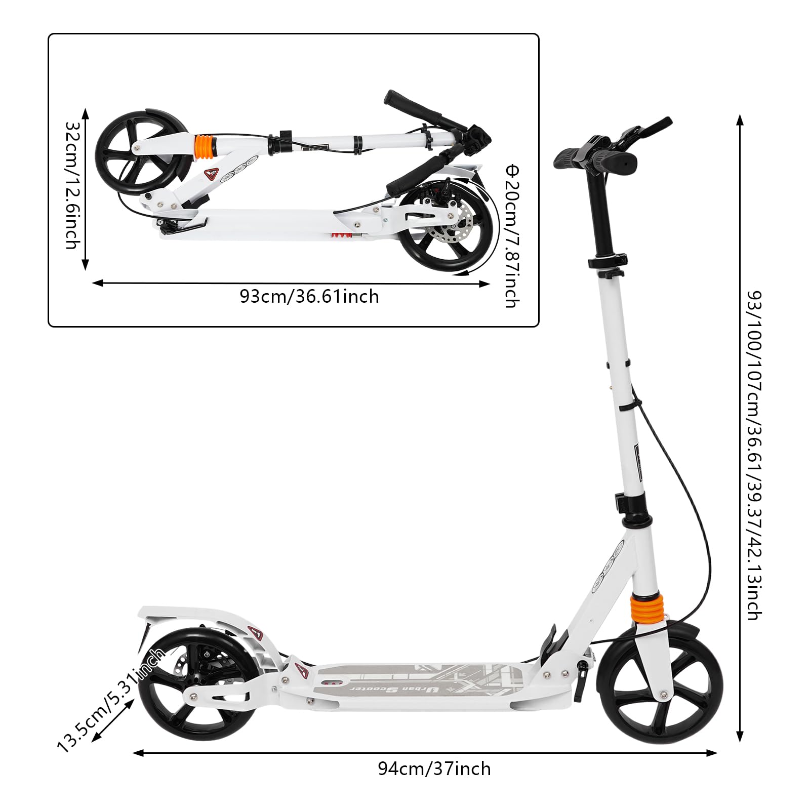 Monopattino pieghevole per adulti e ragazzi, regolabile in altezza 93-107 cm, portata fino a 100 kg, con doppio freno, pieghevole, per città e tempo libero, bianco