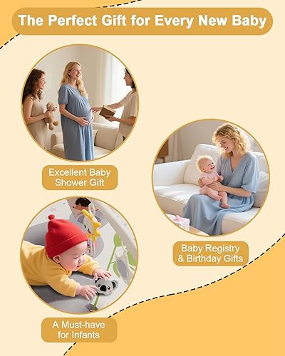 Miniatura 7 de Gimnasio de juego para bebés con 4 zonas de desarrollo, tapete para el tiempo boca abajo y tapete de actividades con 6 juguetes sensoriales,