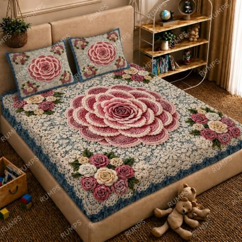 Image of RUMPS 3D Digital Printed Double Bedsheet Flat | Premium Knitted Cotton MicroFabric 90x100 Inch Bed Sheet with 2 Pillow Covers, Cute Cartoon Blue Bird (7D Digital 11)