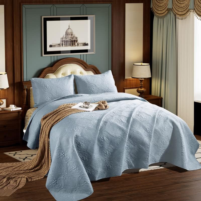 RUIZIXIN Colchas tamaño Queen edredón reversible de microfibra ligera para todas las estaciones 3 piezas 1 edredón 2 fundas de almohada azul claro