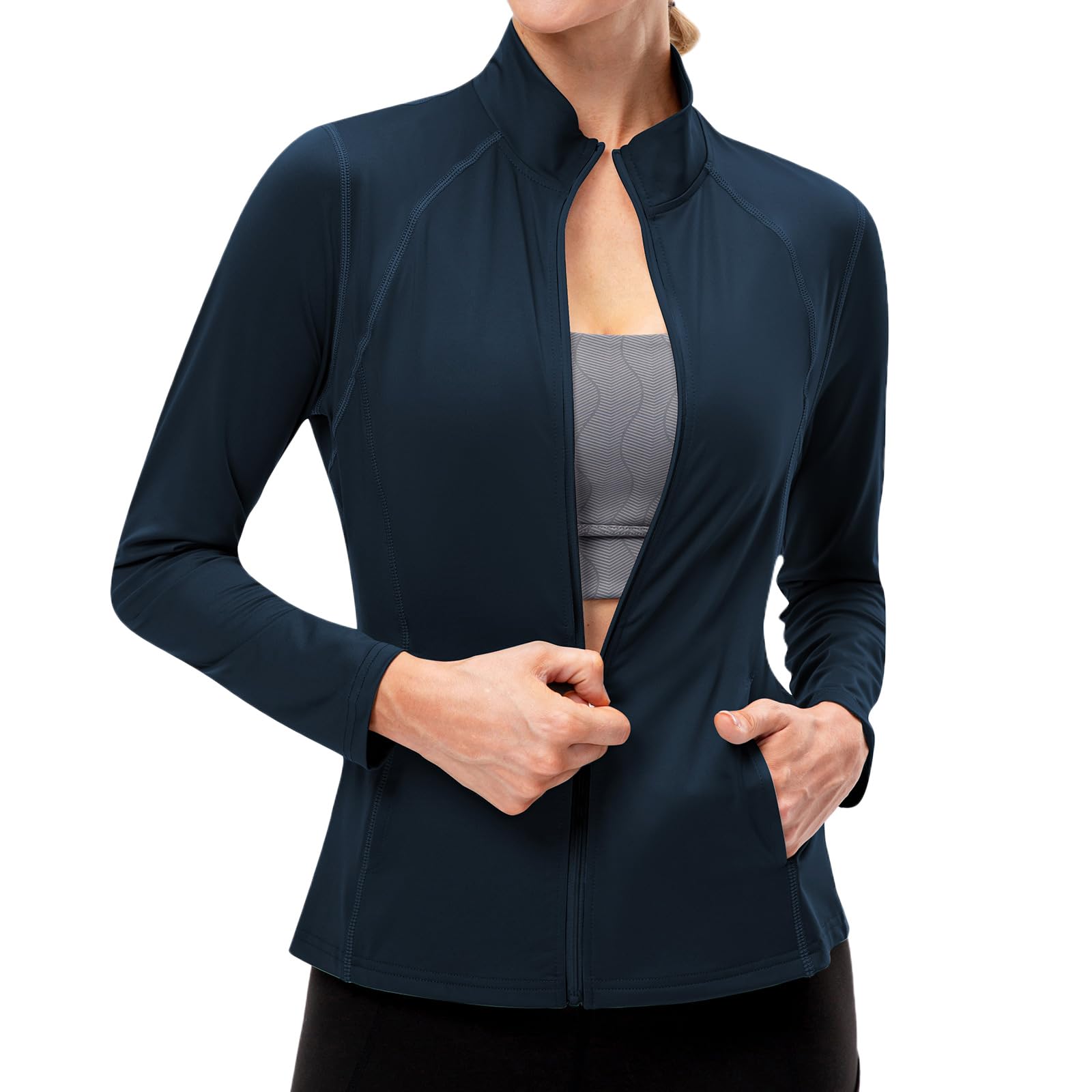 Laufjacke Damen Atmungsaktiv Taschen Sportjacke Damen Full Zip Leicht Trainingsjacke Damen Gym Fitness Yoga Langarm Shirt,Schnelltrocknend Weich UPF50+