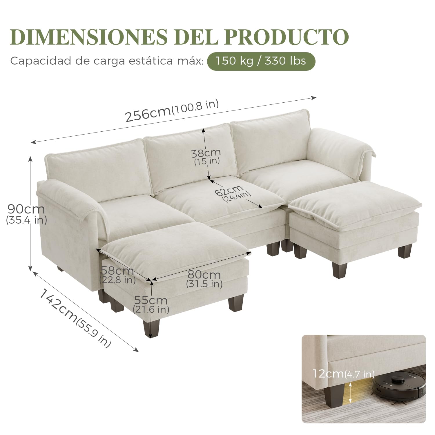 ELUCHANG Sofá Nube Modular 256cm con 2 Pufs, Sofá en Forma de U de 3 Plazas, Asiento Profundo 62cm, Montaje sin Herramientas, Sofá de Chenilla para Salón, Beige