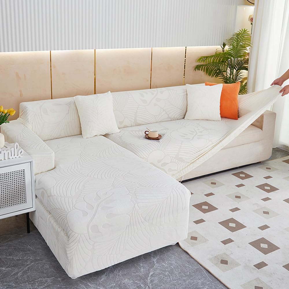 Couvre canapé d'angle extensible Jacquard blanc 4 places imperméable de salon