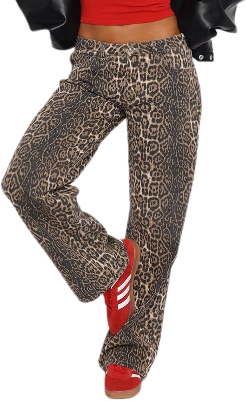 Women's Leopard Print Mid Rise Light Weight No Stretch Wide Leg Pants Baggy Jeans