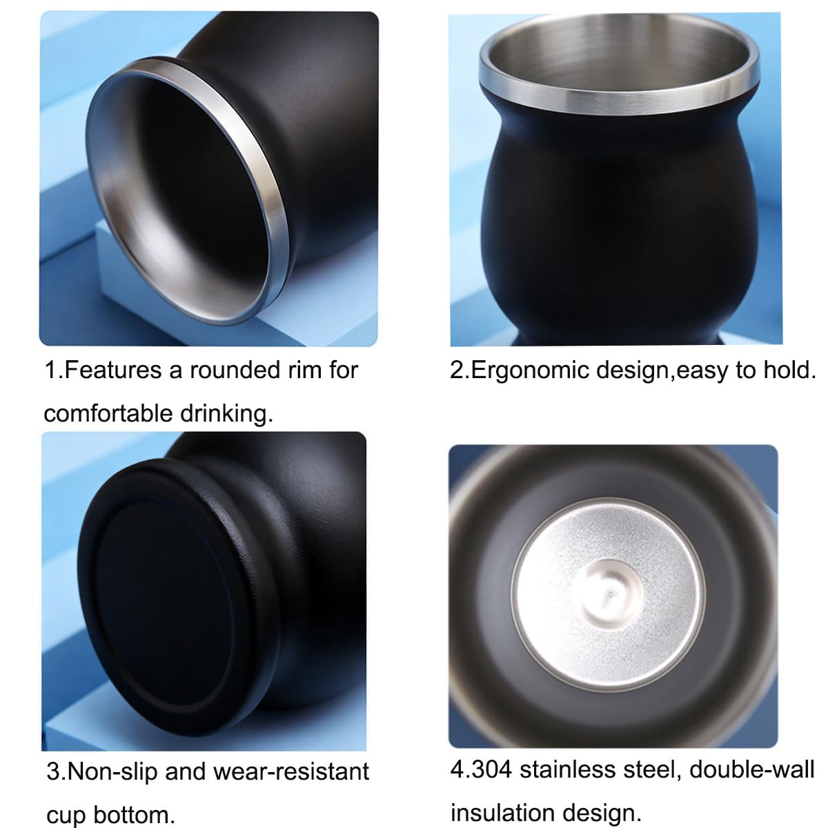 Yerba Mate - Set di tazze da tè in acciaio inox, 226,8 g, include zucca Mate, 2 Bombillas (paglia) e 1 pennello, nero