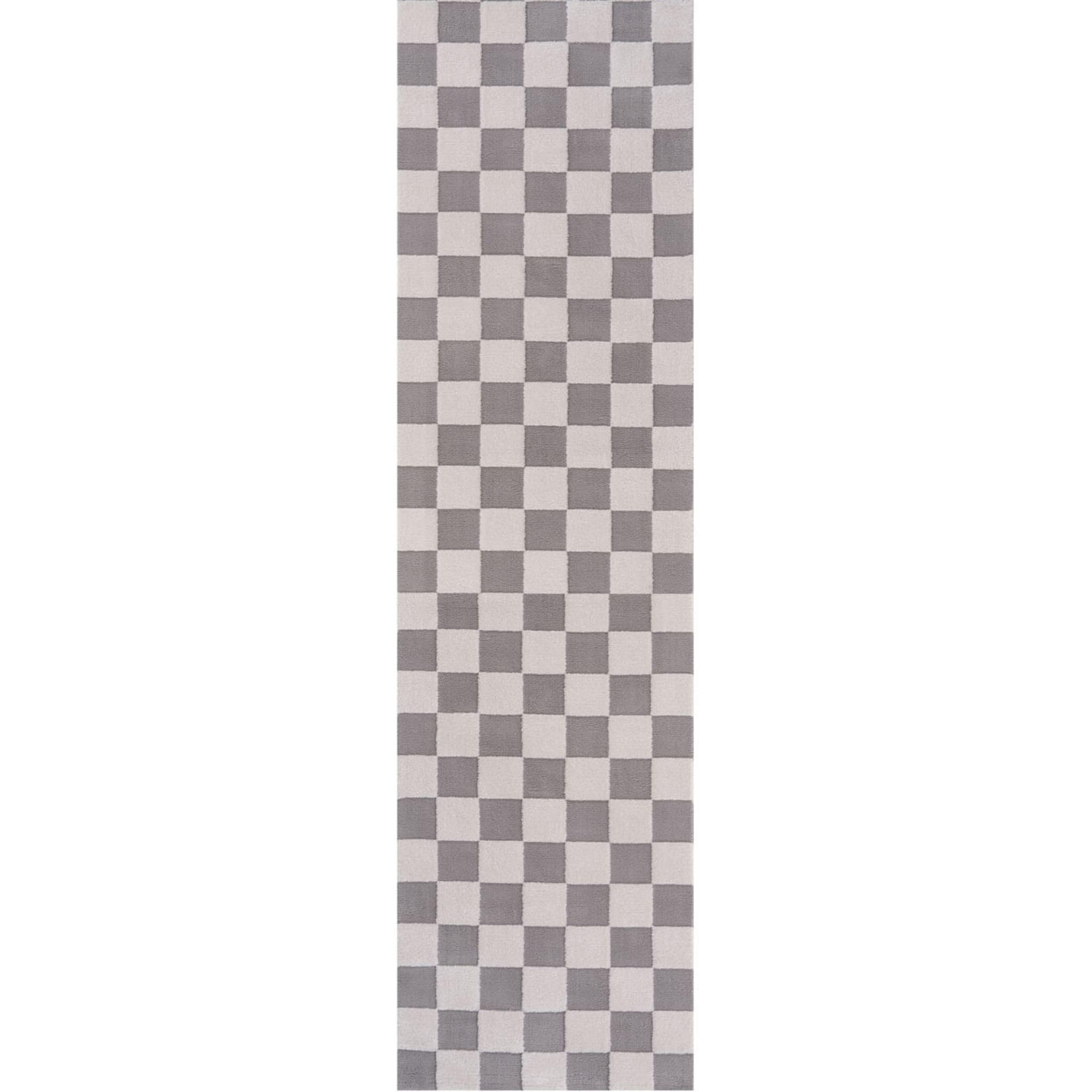 THE RUGS Living Room Rug, Loft Collection – Modern Textured 14mm Soft Pile Area Carpet, Non-Shedding & Easy Care [ Checkerboard Grey, 80x300 cm]